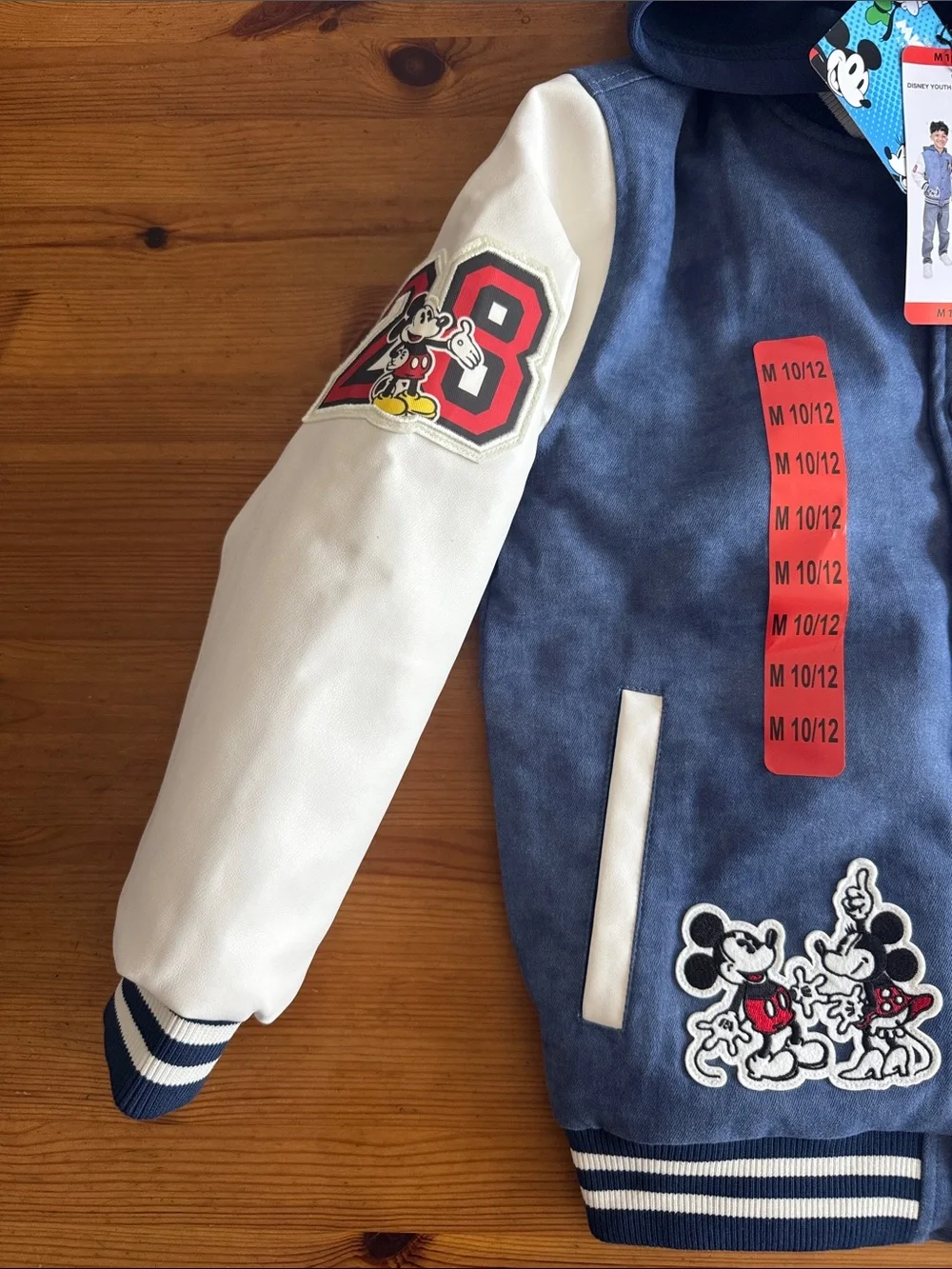 Disney Navy & White Mickey Youth Varsity Hooded Jacket with Embroidery Patches